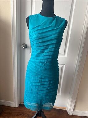 London Times Teal Layered Sheath Midi Dress